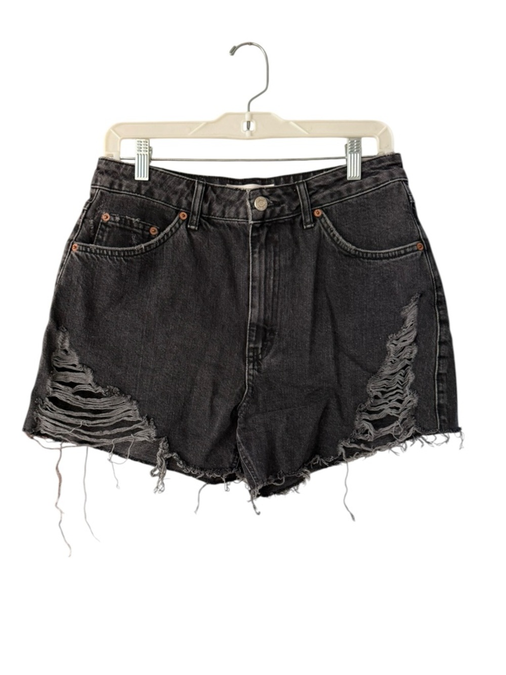 Topshop High-Rise Distressed Rip Split Mom Washed Black Denim Shorts Size 8